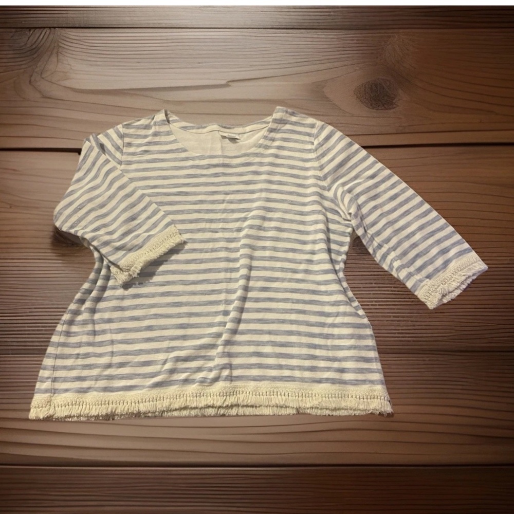 J. Jill Women's MEDIUM Blue Cream Stripe Fringe Trim 3/4 Sleeve Cotton Shirt Top